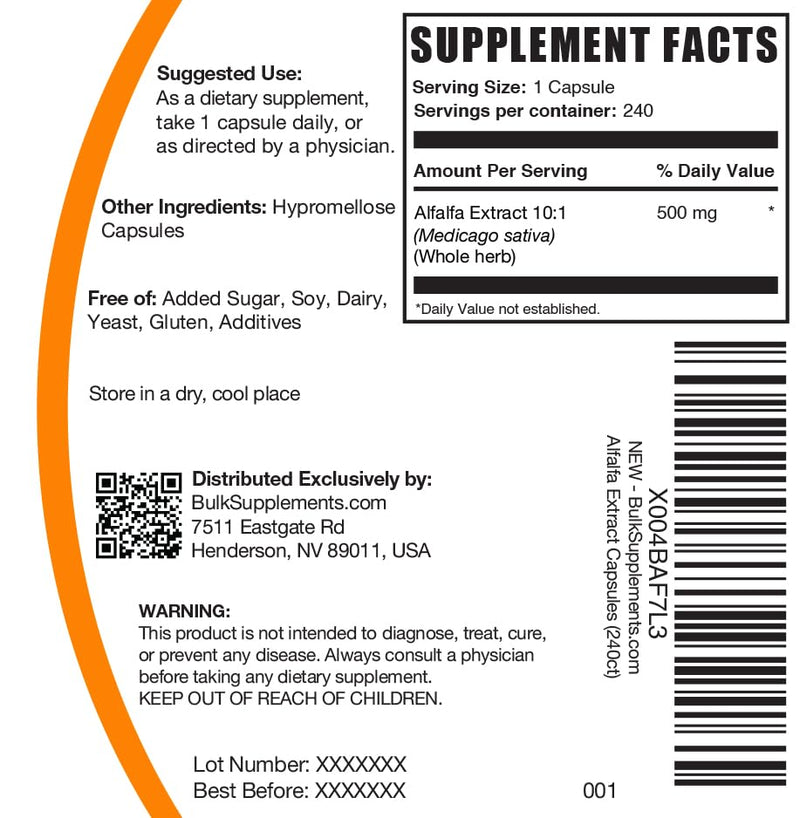 [Australia] - BulkSupplements.com Alfalfa Extract Capsules - Alfalfa Supplement, Green Superfood Supplement, Alfalfa Capsules - Gluten Free, 1 Capsule per Serving, 240 Veg Capsules (Pack of 1) 