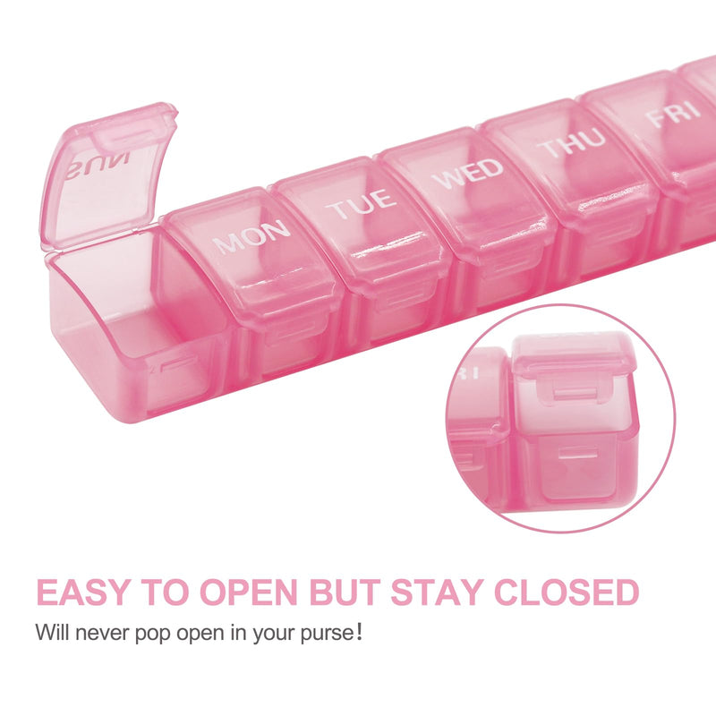 2 PCS Large Weekly Pill Organizer, 7 Day Daily Pill Box Case Easy to Open, Silkscreen Printed Medicine Container with Clear Lid for Vitamins, Fish Oils or Supplements (Pink) Pink