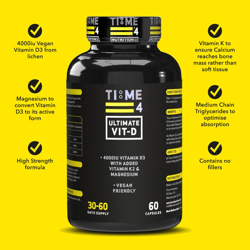 Time 4 Ultimate Vitamin D – Vitamin D3 4000iu, 200mcg Vitamin K2 (MK7), 400mg Magnesium, 600mg Caprylic Acid In 2 Easy To Swallow Capsules – Vegan Friendly, Gluten Free, 30-60 Day Supply – 60 Capsules
