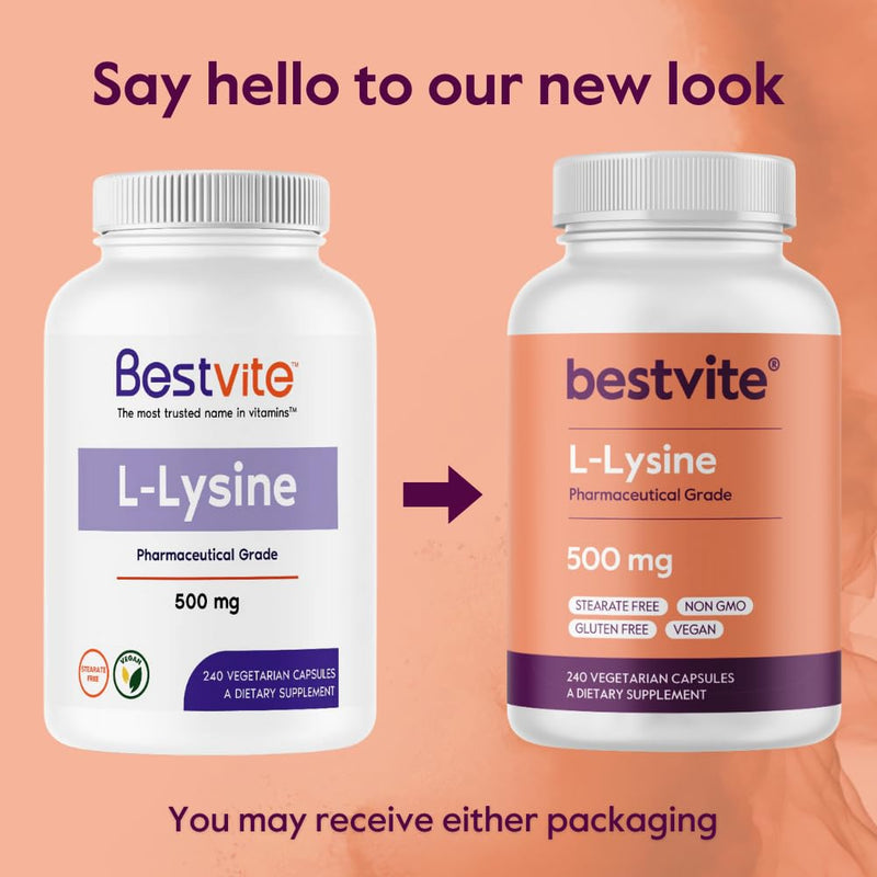 [Australia] - BESTVITE L-Lysine 500mg per Capsule (240 Vegetarian Capsules) - No Stearates - No Fillers - No Flow Agents - Vegan - Non GMO - Gluten Free - No Stearic Acid - No Dicalcium Phosphate 