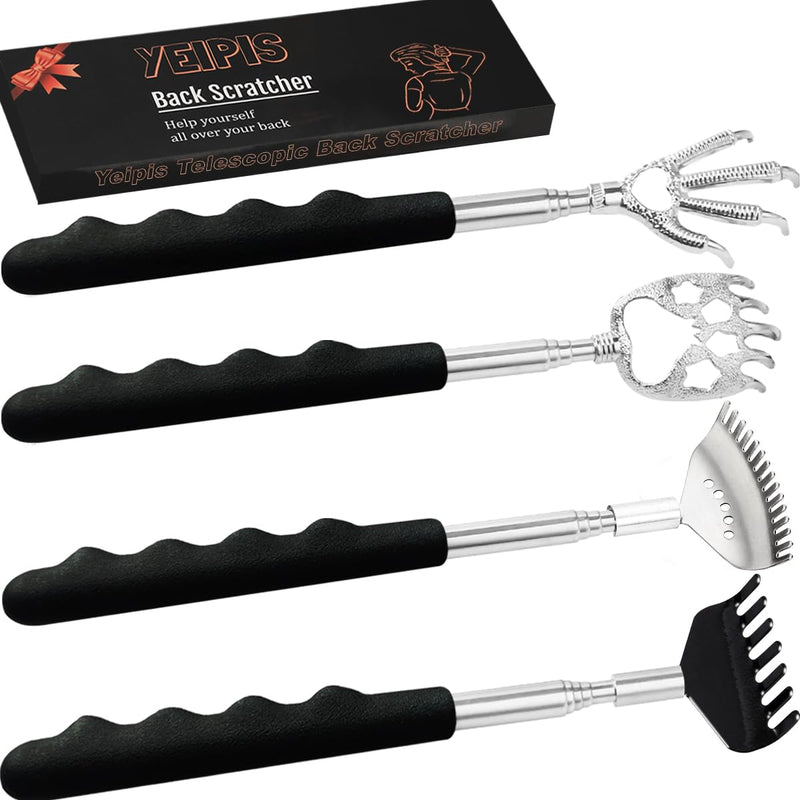 [Australia] - 4Pcs Different Back Scratcher Extendable Back Massager Tool with Rubber Handles, Metal Portable Telescoping Back Scratcher, Stocking Stuffers for Men Women Kids Adults (Black) 