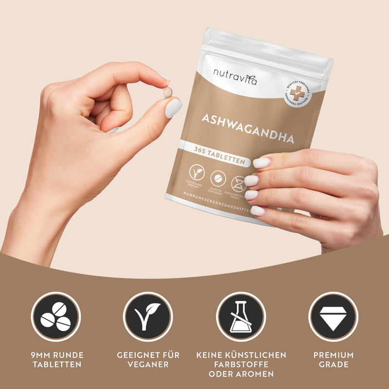 [Australia] - Ashwagandha high dose - 365 vegan tablets (1 year supply) - 600mg per tablet - Highly effective Ashwaganda root powder - Alternative to Ashwagandha capsules - Indian sleepberry - Nutravita 