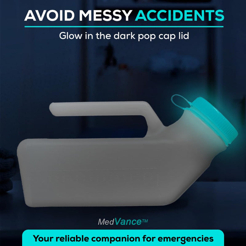 [Australia] - MedVance- Urinals for Men 1000ml with Glow in The Dark Spill Proof Pop Cap Lid, Plastic Pee Bottles for Men, Male Urinals, Pee Container Men, Portable Urinal for Car, Elderly & Incontinence (1 Pack) 