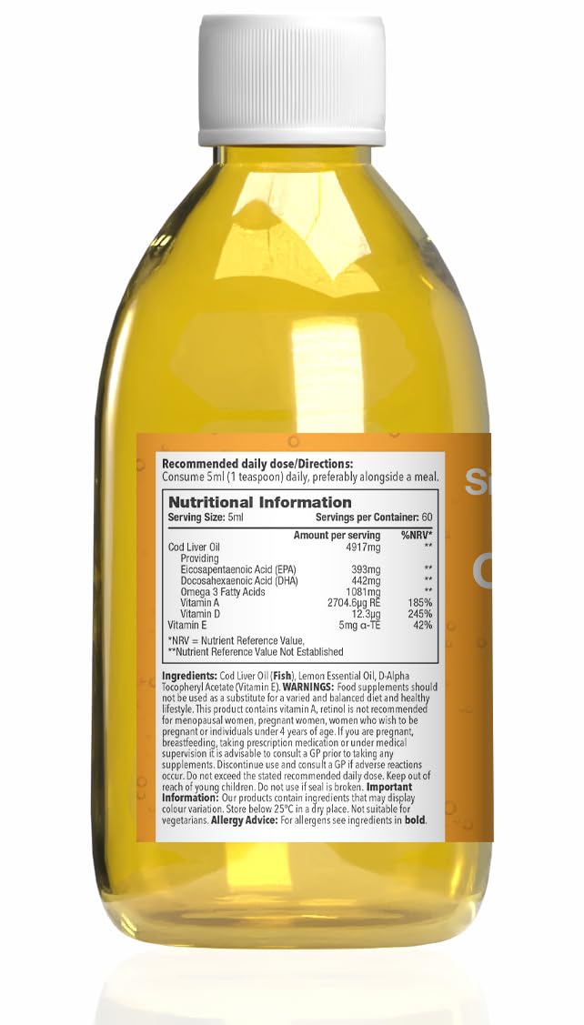 Cod Liver Oil Liquid Supplement | Supports Heart, Brain, Eye & Immune Health | High in DHA & EPA | Natural Lemon Flavour | 60 Servings (60ml) | Made in The UK | Made with MSC-Certified Cod Liver Oil