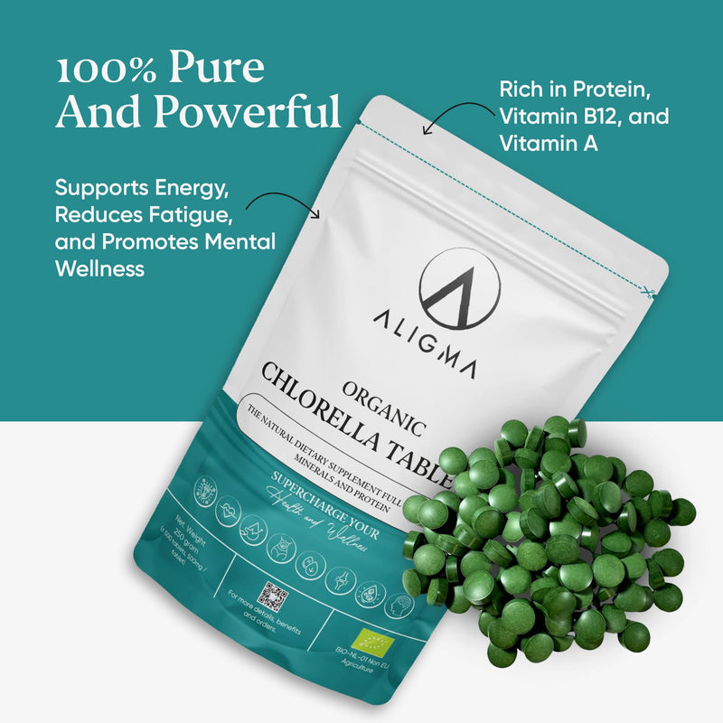 Aligma Organic Chlorella Tablets 500×500 mg for Immune System Booster, Super Greens Tablets, Natural Source of Vegan Protein, Minerals & Vitamins | Resealable Package