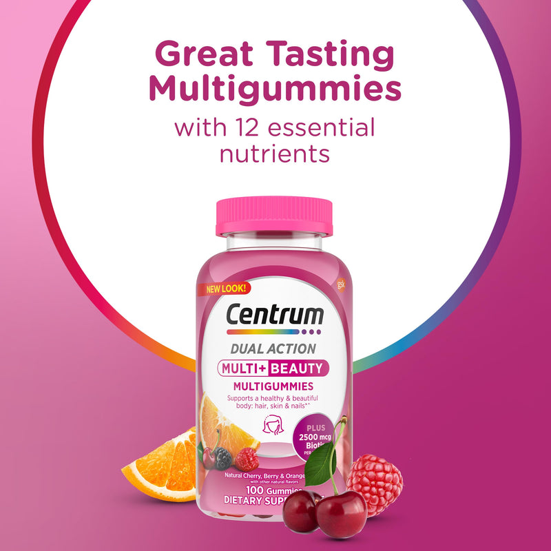 Centrum Multivitamin Gummy, 100 Count (Pack of 1) | Beauty Dual Action Multivitamin, Specially Designed with Biotin for Healthy Hair, Skin and Nails, GLP-1 Support 100 Count (Pack of 1)