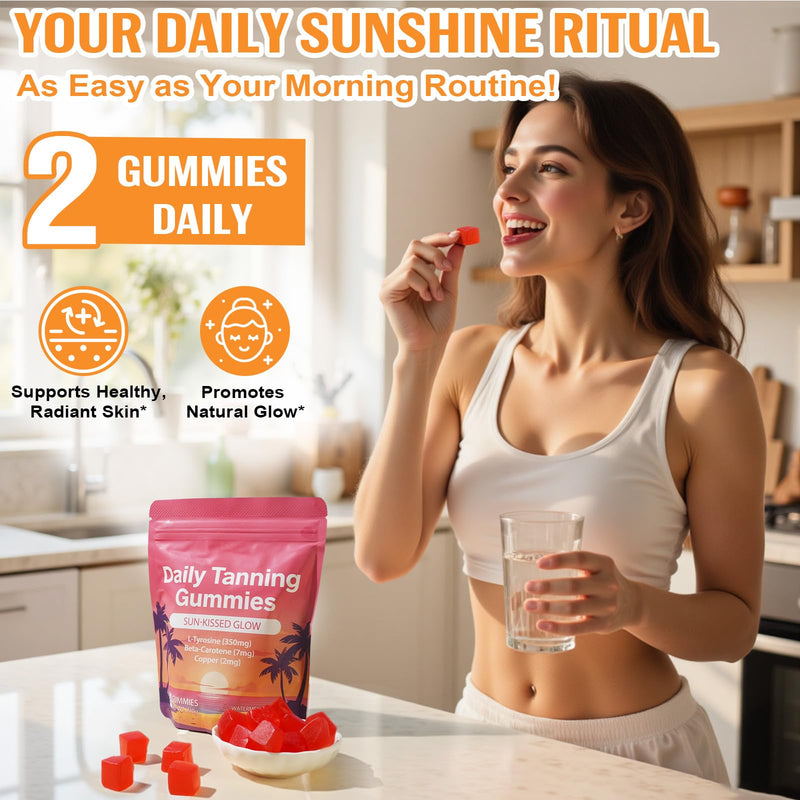 [Australia] - Daily Tanning Gummies - Enhance Natural Tan, Nourish & Protect Skin - with L-Tyrosine & Beta-Carotene - Sun-Free Glow - Watermelon Flavor, 60 Count 