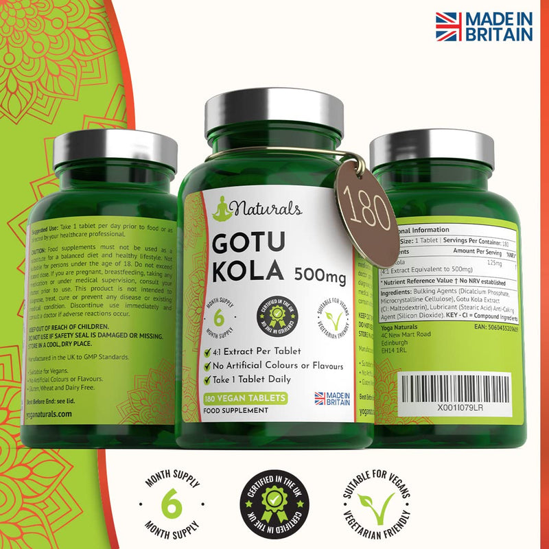 180 Gotu Kola Vegan Tablets for Adults - (6 Months Supply) 500mg Herbal Centella Asiatica for Stress & Anxiety - UK Manufactured