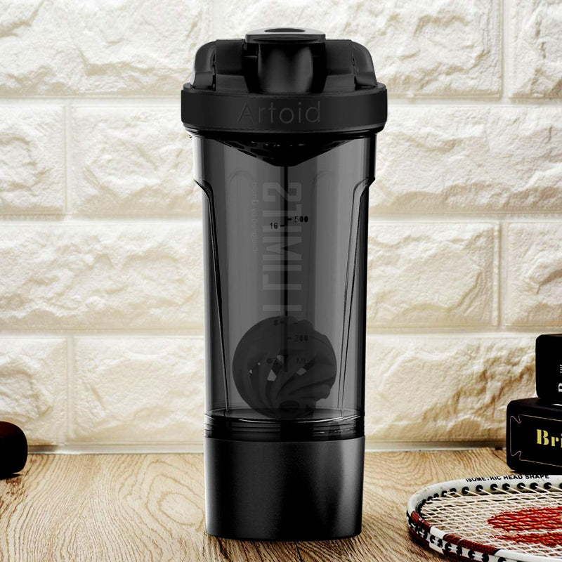 [Australia] - Artoid Mode Motivational Sports Mixer 720ml Shaker for Egg White/Protein, with Strainer Spiral Ball 200ml Storage Box & Handle, Drinking Bottle for Gym Fitness Powder Nutritional Supplements BPA Free Black/Grey 