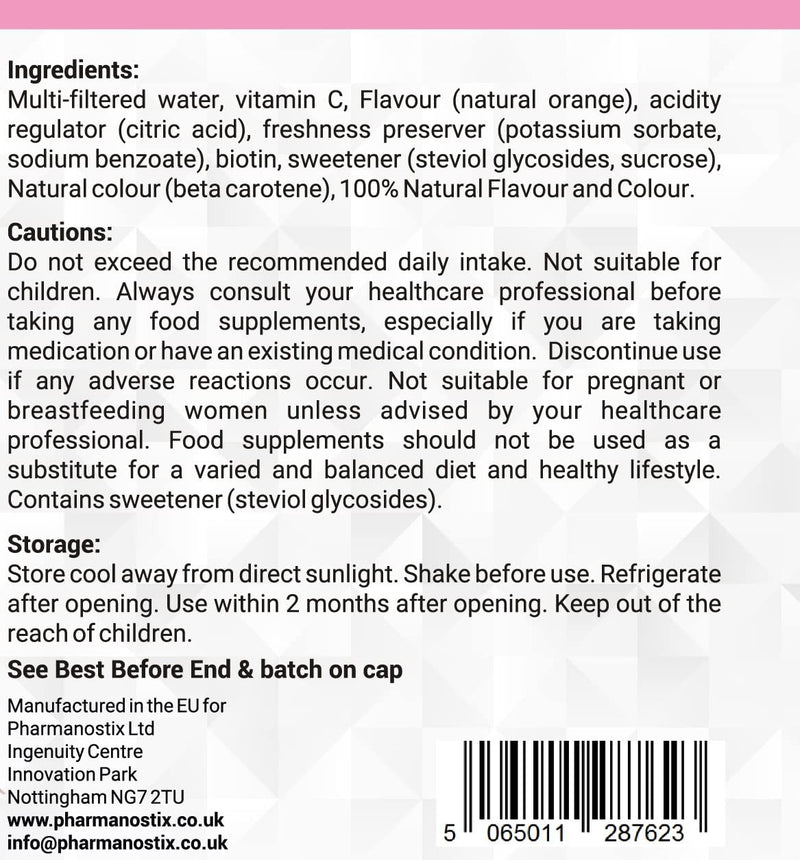 Pharmanostix Liquid Biotin - High Strength 10000mcg - for Healthy Hair, Skin & Nails - Contains Vitamin C & 100% Orange Natural Flavour - More Absorption Than Pills or Capsules - 500ml, 33 Day Supply