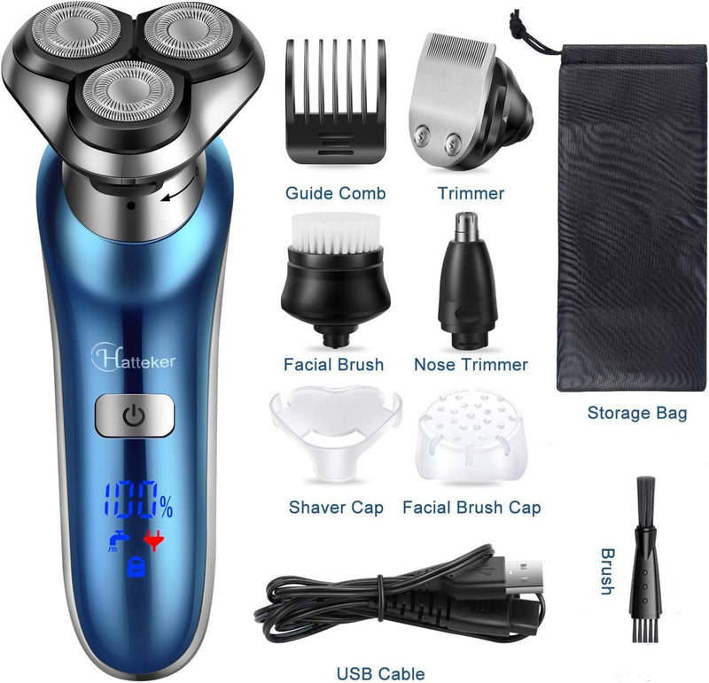 [Australia] - Hatteker Electric Shaver for Men Trimmer for Men Cordless Rechargeable Beard Nose Hair Face Trimmer Rotary Razor USB Groomer Waterproof Wet Dry 4 in 1 Blue 1 Count (Pack of 1) 