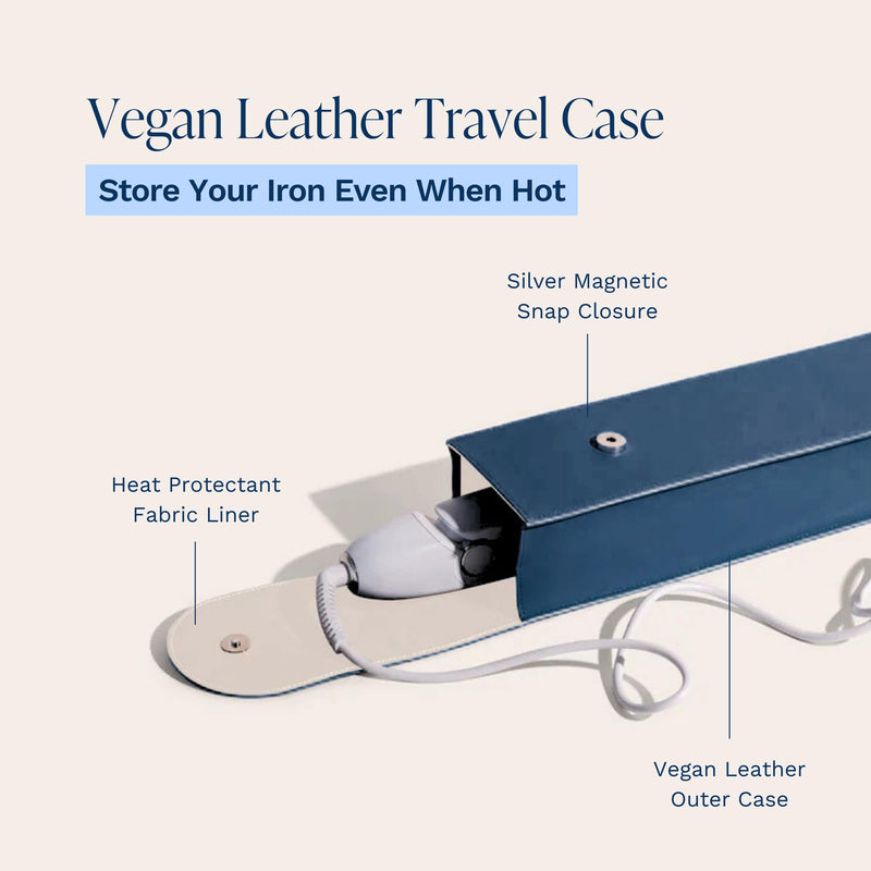 NORI Press Iron Steamer Travel Case - Leather Heat Protectant Bag - Navy | Heat protectant lining, storage case for Nori iron, magnetic snap closure, 16.5 x 3.75 x 2.5 in