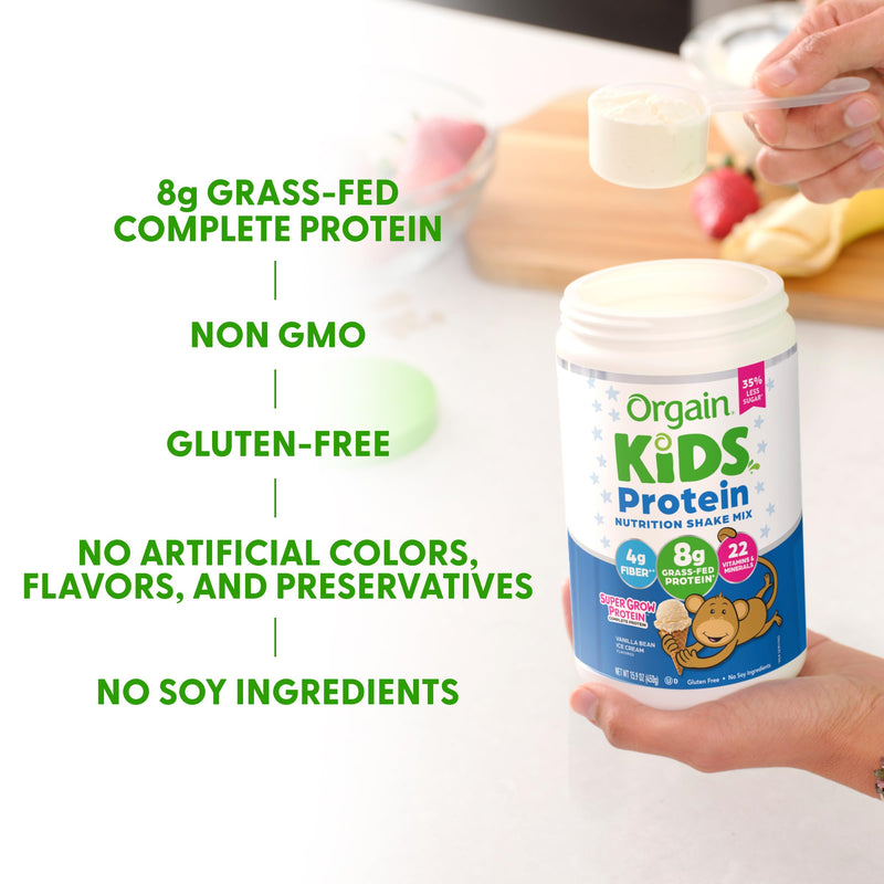 Orgain Kids 8g Grass-Fed Dairy Protein Powder, Vanilla Bean Ice Cream, 1lb | Powder shake mix, 4g fiber, 22 vitamins & minerals, gluten free, no soy, adds nutritents to snacks, for shakes & smoothies 15.9 Ounce (Pack of 1)