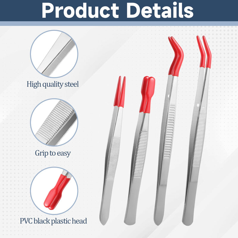 [Australia] - 4 Piece Tweezers with Rubber Tips Tweezers Flat Curved Tip with Red Silicone Coated PVC Rubber Jewelry Tweezers Long Tweezers for Stamp Jewelry Hobby Craft Industrial Electronic 