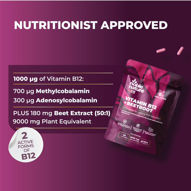 Beetroot & Vitamin B12 Complex – 9000mg Beetroot + 1000mcg Dual B12 (Methylcobalamin & Adenosylcobalamin) – Energy & Immune Support – 90 Capsules – UK Made (90) 1