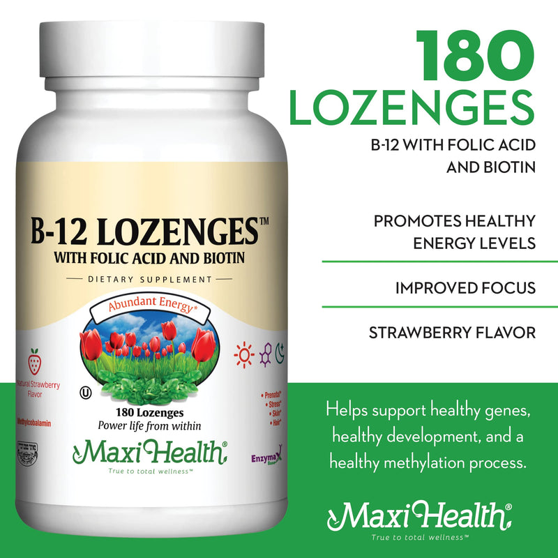Maxi Health® Vitamin B12 Sublingual Lozenges, Strawberry (180 Count) | Kosher | Sublingual B12 with Folic Acid & Biotin | Energy & Red Blood Cell Support | Vegetarian | Doctor Formulated 180 Count (Pack of 1)
