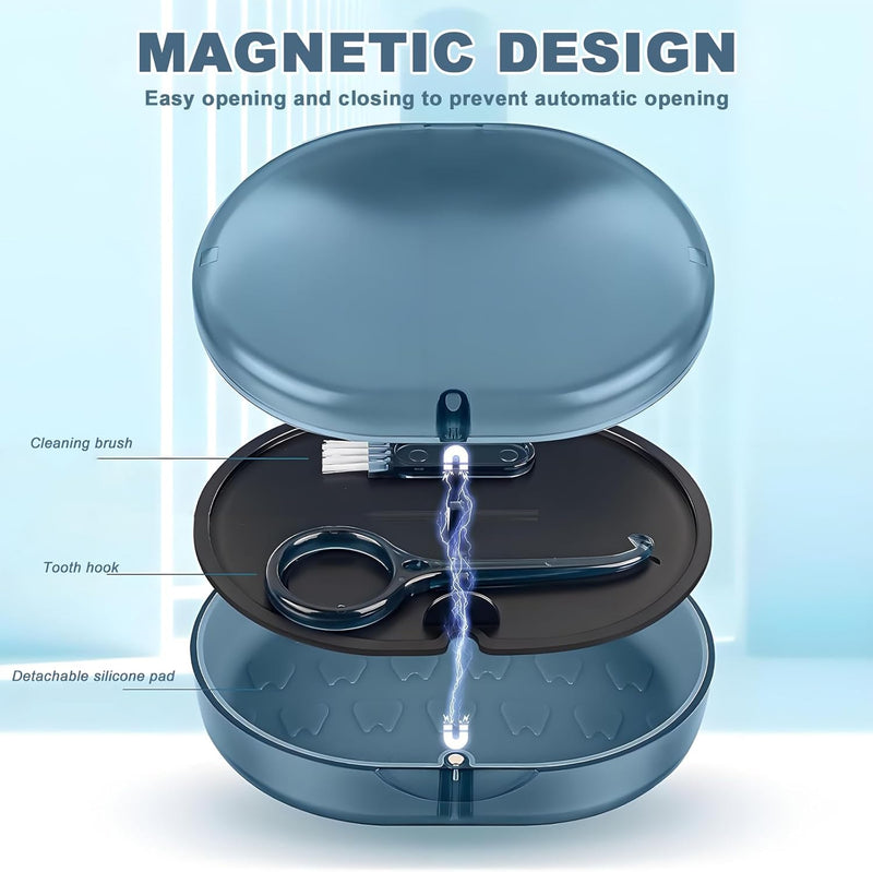 [Australia] - New Double-layer Retainer Storage Case with Belt Chewing,Removal Tool,Cleaning Brush,Built in Mirror Orthodontic Retainer Case,Mouth Guard Case,Denture Case blue 
