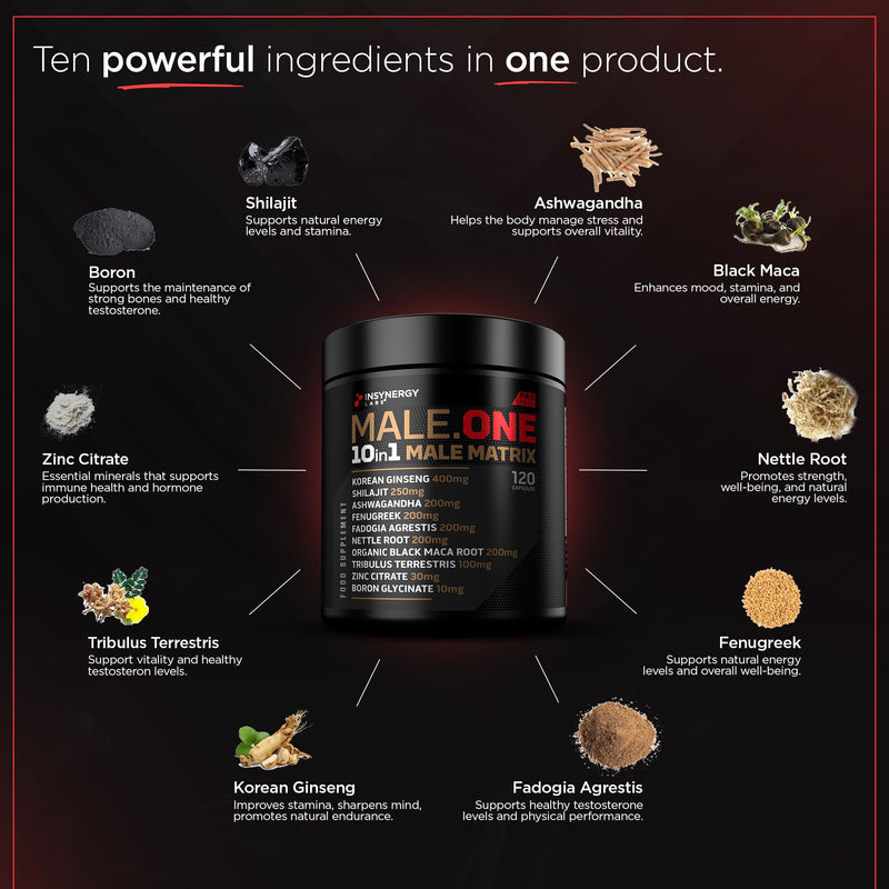 Male One 10 in 1 Male Matrix Supplement for Men, Ashwagandha, Maca, Fenugreek, Muscle Growth, Energy, Drive, Strength, Recovery (2 Month Supply)