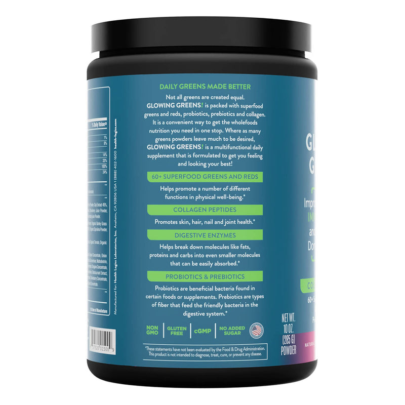 Health Logics Glowing Greens Superfood Powder with Collagen Peptides, Digestive Enzymes, Prebiotics and Probiotics – Antioxidant, Improve Wellness, Immune, Digestive and Gut Health Support