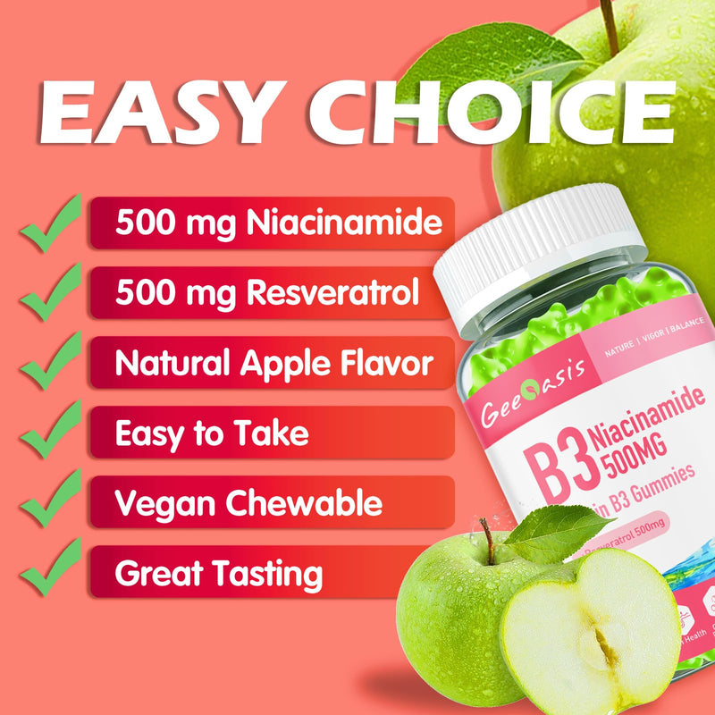 Niacinamide 500mg Gummies, with Resveratrol 500mg, 60 Count | Chewable Vitamin B3 Supplement, High Potency Niacin for Antioxidant, Skin & Brain Health, Immune Support, Vegan Apple Flavor