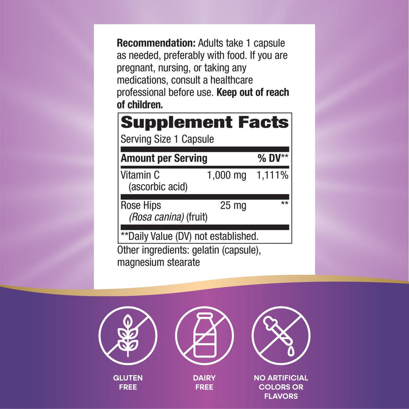 Nature's Way Vitamin C with Rose Hips Extra Strength (1)- Supports Collagen Production & Healthy Immune Function* - 1000 mg per Serving - Dairy-Free & Gluten-Free - 100 Count (100 Servings) 100 Count (Pack of 1)