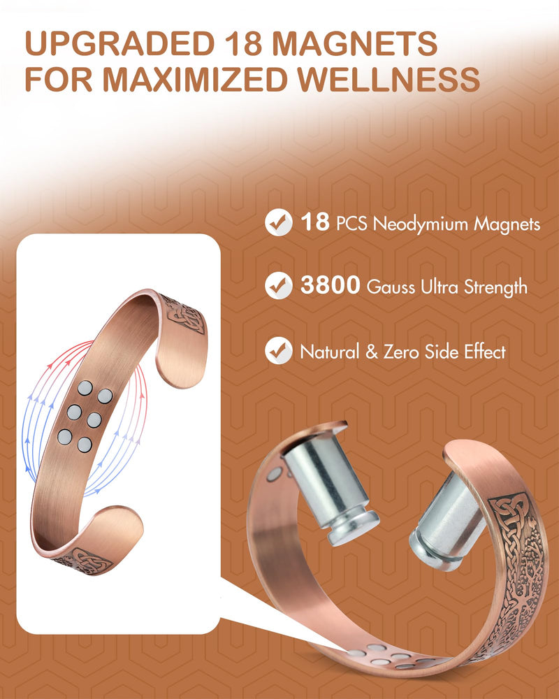 [Australia] - Feraco Copper Magnetic Bracelets for Men Women with Neodymium Magnets, Tree of Life Pattern, 99.99% Pure Solid Copper Cuff Bangle, Health Jewelry Gift 6.97 Inches 18X Copper Life Tree 