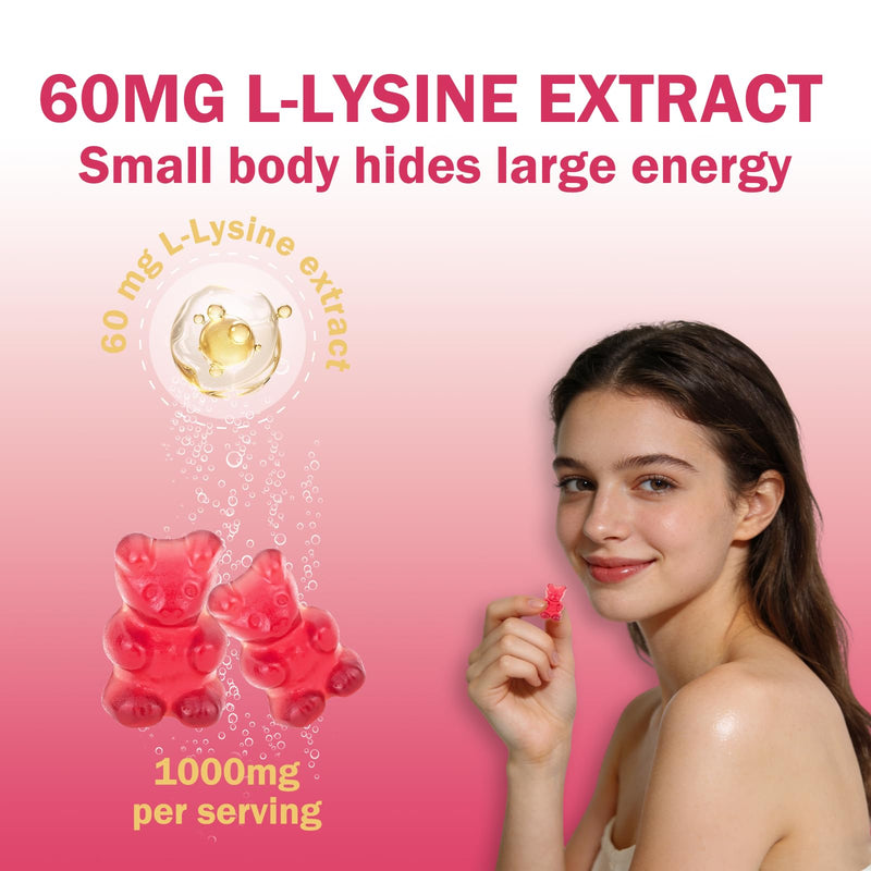 L-Lysine Gummies 1000 mg for Women per serving, 60mg Lysine Extract Supplement for Adults & Kids with Biotin, Multivitamins & Zinc - Cold Sore Supplement for Lip, Hair, Skin & Nail Health - 60 Count