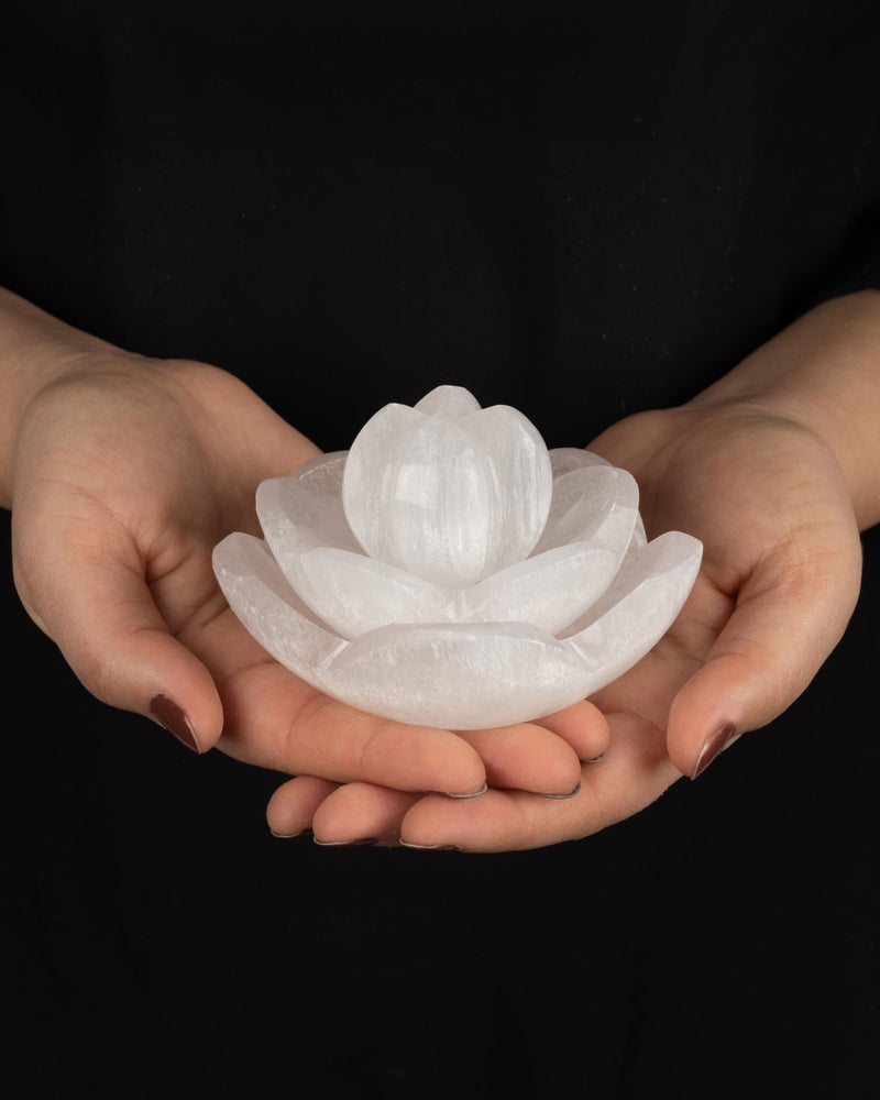 Wish Well Selenite Bowl for Crystal Charging, 4" Lotus Flower Crystal Bowl | 3 pc Lotus Flower Bowl for Cleansing Healing Stones, Protection Crystals, Spiritual Gifts & Decor, Crafted in Morocco 4" Lotus Flower Bowl