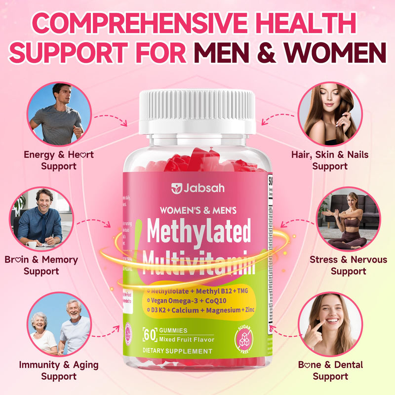 Methylated Vitamin B Complex Gummies for Women & Men, Multivitanins Gummy with Vitamin A, C ,E, Methylfolate & B12, TMG, Calcium, D3 K2, Magnesium & More for Overall Health-Vegan, Sugar Free,120 Cts 60 Count (Pack of 2)