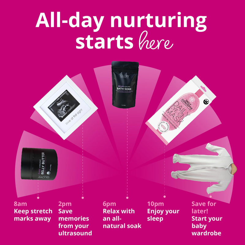[Australia] - Bump Boxes 2nd Trimester Gift Set, Complete Pregnancy Care Package with Belly Butter, Bath Soak, Baby Footed Sleeper, Sonogram Frame and Eye Mask 