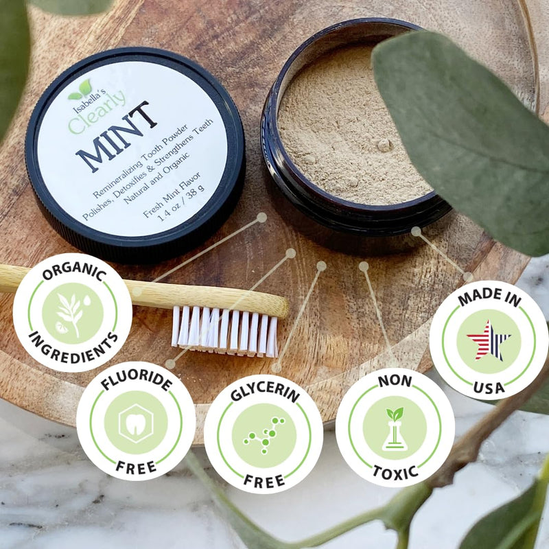 [Australia] - Isabella's Clearly Mint Remineralizing Tooth Powder - Natural Fluoride Free Toothpaste for Adults, Teeth Whitening, Xylitol, Baking Soda, Clay, Calcium 3.4 Ounce (Pack of 1) 