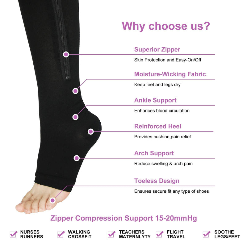 [Australia] - YUSHOW 3 Pairs of Compression Stockings Women Men Support Stockings with Zip 15-20 mmHg Medical Compression Socks Open Toe Compression Socks for Edema, Sports, Running L-XL Black and Brown and Gray Skin (3 Pairs) 