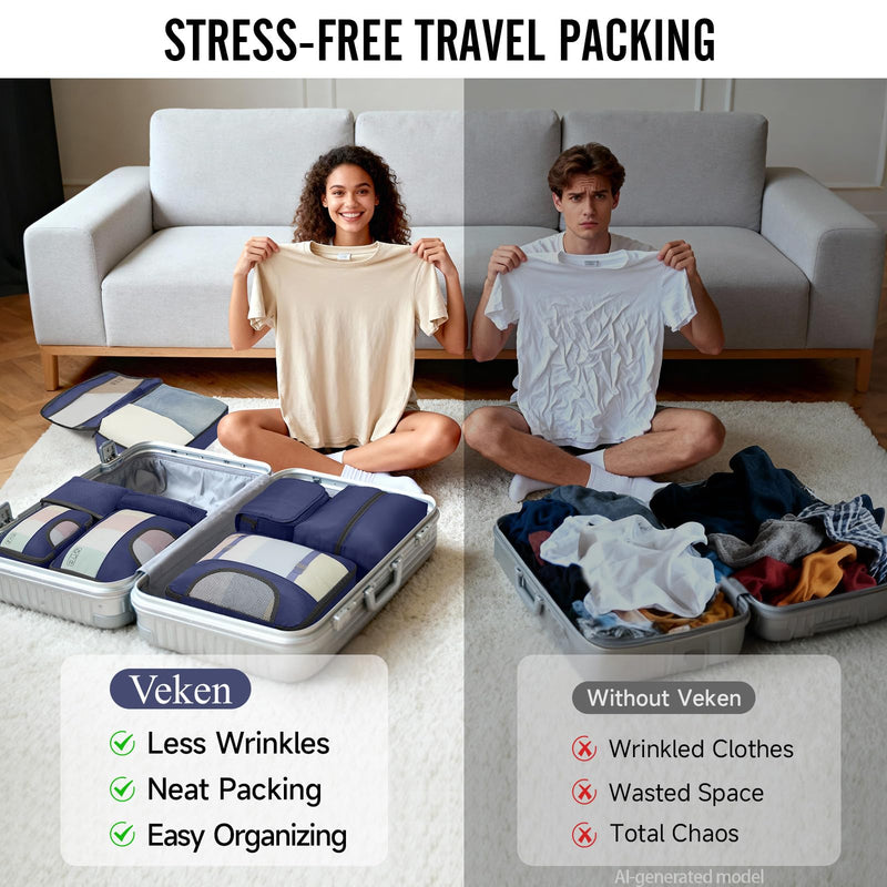 Veken 10 Set Packing Cubes for Travel Essentials,Anti-Wrinkle Buckled Suitcase Organizer for Shoe & Toiletry Bag,Carry On Luggage Bag with 99+ Count Mesh Holes for Airplane & College Dorm Accessories 05 Indigo Blue