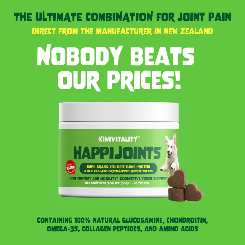 HappiJoints Hip and Joint Supplement Treats for Dogs, Cats • 100% Grass-Fed Beef Bone Collagen New Zealand Green-Lipped Mussels • 50 Treats - PawsPlanet Australia