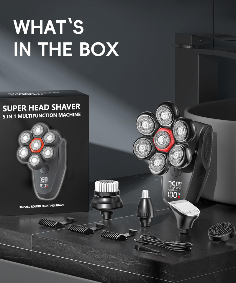 [Australia] - Head Shaver for Bald Men - 7D Magnetic Rotary Electric Razor, IPX8 Waterproof for Wet & Dry Use, with LED Display, USB-C Charging & 5-in-1 Grooming Kit Black 
