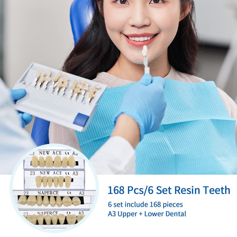 [Australia] - 168 Pieces False Teeth Dental Complete Acrylic Resin Denture Teeth, 6 Sets Whole Teeth Synthetic Polymer Denture Tooth, 23 Shade A3 Upper + Lower Dental Materials for Replacement, DIY, or Halloween 