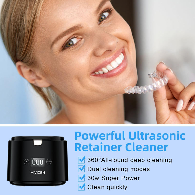 [Australia] - Ultrasonic Retainer Cleaner, Sonic Dental Cleaning Machine for Dentures, Aligners, Braces, Mouth Guards, Jewelry, for All Dental Appliances, Portable 30W/45kHz (Black) black 