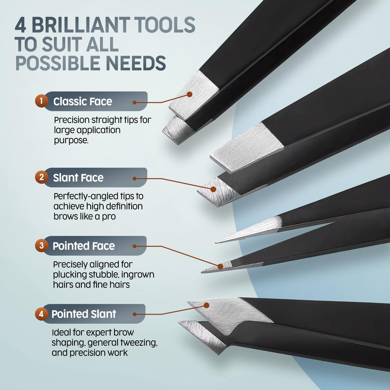 [Australia] - PORTENTUM Professional tweezers eyebrow plucking, precision, 4 tweezers set made of stainless steel for removing blackheads, ingrown hairs, eyelashes 