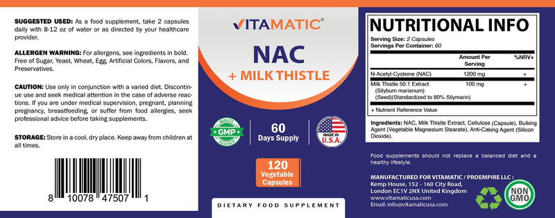 Vitamatic NAC Supplement N-Acetyl-L-Cysteine (NAC) with Milk Thistle 50:1 Extract - Supports Immune, Respiratory, Liver Health, 1200 mg per Serving, 120 Veg Capsules