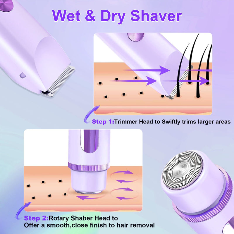 [Australia] - 2025 Bikini Trimmer for Women, Cordless& Painless& Waterproof Dual Head Shaver for Women Private Area& Face& Body, 2-in-1 Electric Razors, Bikini Shaver, Hair Trimmer with LCD Purple 