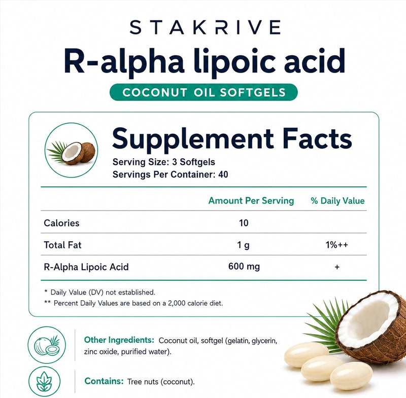 R-Alpha Lipoic Acid 600mg, 120 Softgels, R-ALA Supplement with Coconut Oil, High Bioavailability Antioxidant Support, GMO Free, Gluten Free, Daily Cellular Energy Support