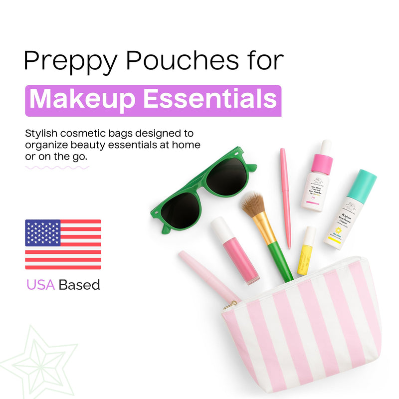Preppy Stripe Crinkle Makeup Bag Set of 5 Travel Cosmetic Bags | Pink and White, 6 x 9 x 3 in, Crinkle & stripe design, waterproof fabric, generous capacity, gift for women