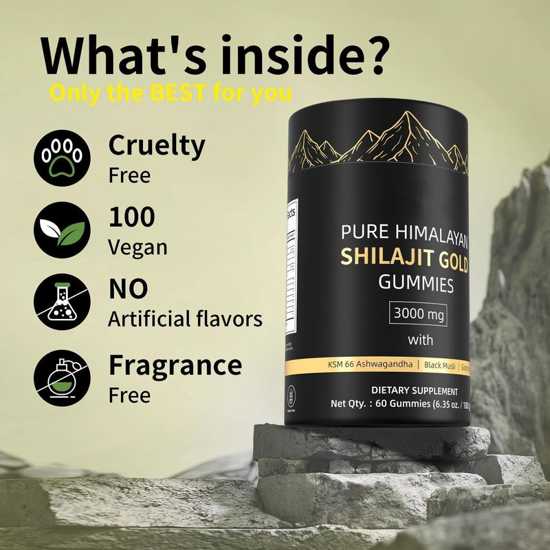 Shilajit Gummies for Men & Women - 3000mg Gold Standard Pure Himalayan Complex with Fulvic Acid, 85+ Trace Minerals & Energy Boost & Immune Support - Vegan & Gluten Free - 60 Gummies