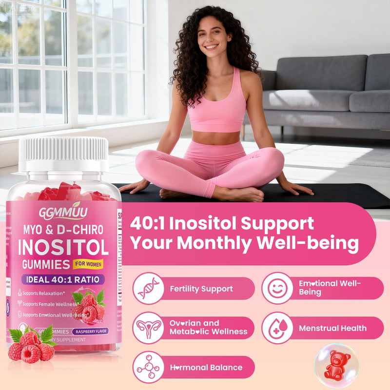 Myo-Inositol & D-Chiro Inositol Gummies for Women, 60 Count | 1000mg+25mg 40:1 Ratio, with Vitamin D3, Magnesium Glycinate, Folate & Zinc, Vegan, Sugar Free, Non-GMO, Raspberry Flavor 60 Count (Pack of 1)
