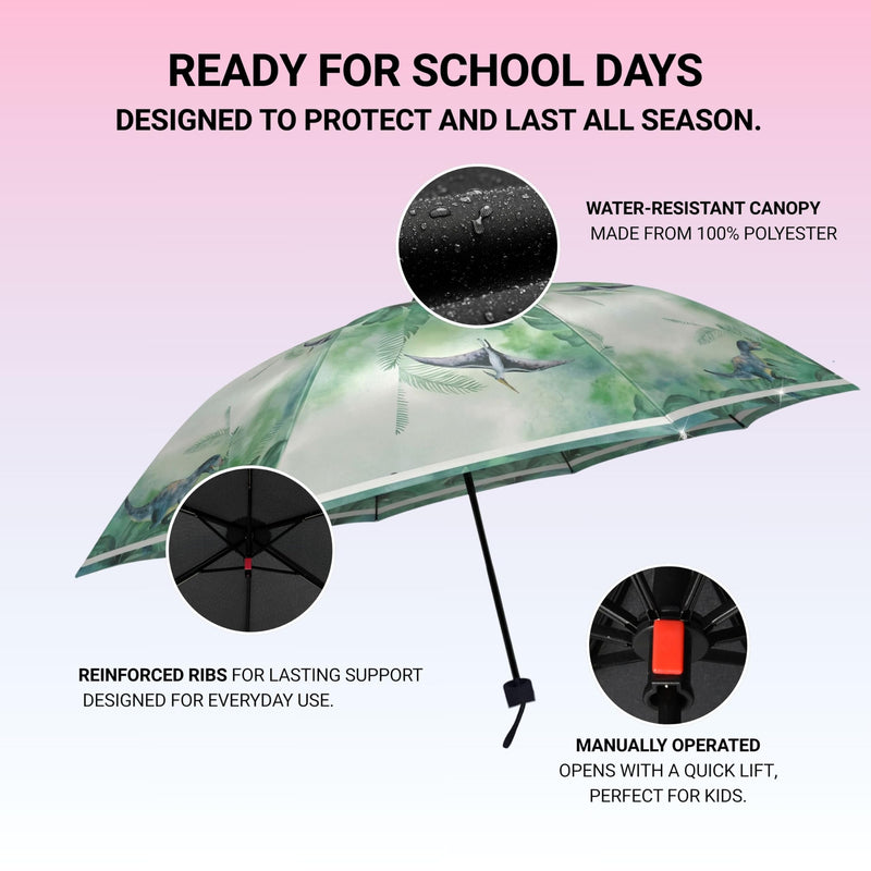 Knirps Rookie Kids Umbrella w/Reflective Safety Tape for Boys Girls, Dino | 35.4in Canopy, Manual Open Close, Reflective Safety Stripe, Wind-Tunnel Tested to 50mph, Ultra Light 7.2oz