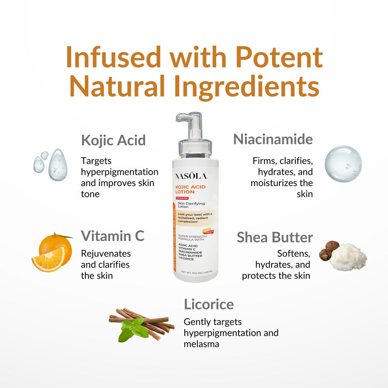 Nasola Kojic Acid Lotion Natural Skin Clarifying for Face & Body with Vitamin C, Niacinamide, Shea Butter, Licorice & Green Tea for Complexion Revitalization, Body Lotion Women & Men 13.5 Fl Oz (Pack of 1)