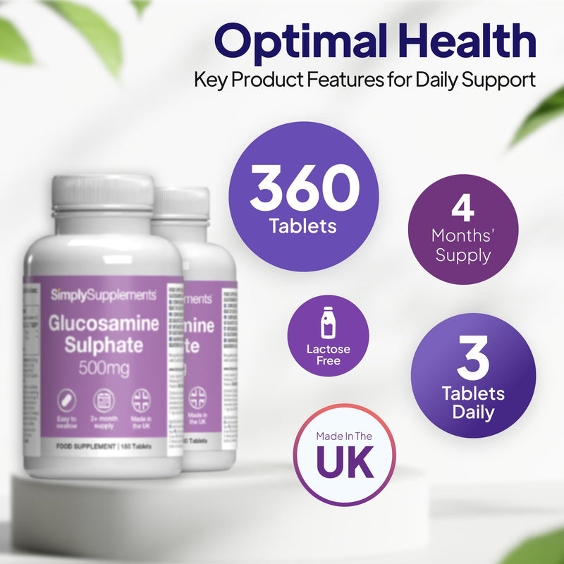 Glucosamine Sulphate 2KCl 500mg Tablets | Marine Sourced Supplement for Active Lifestyles | 360 Easy-to-Swallow Tablets | 4-Month Supply | UK Made to GMP Standards Unflavoured 180 count (Pack of 2)