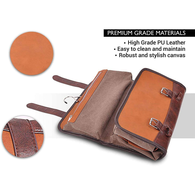 Leather Toiletry Bag for Men - Water Resistant, 2 Zippered Internal Pockets, 2 Snap-Fastened Internal Pockets, and Hanging Hook. Brown