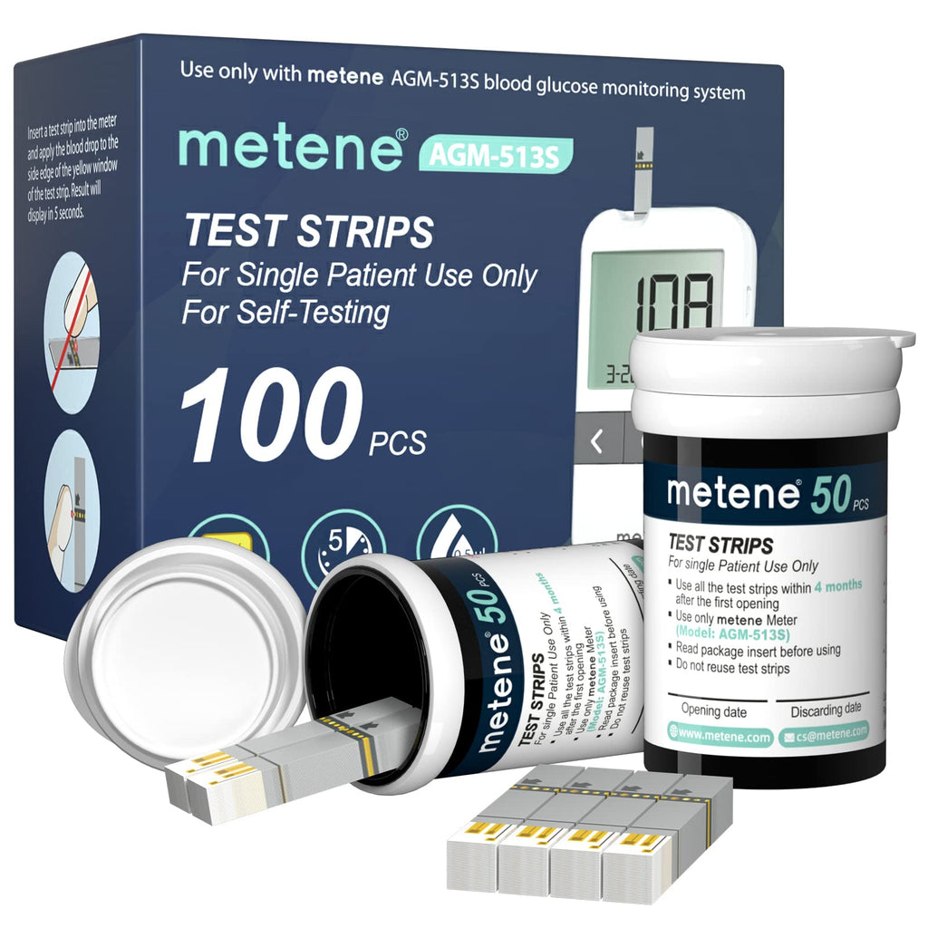 Metene AGM-513S Test Strips for Diabetes, 100 Count Blood Glucose Test Strips, Use with Metene AGM-513S Blood Glucose Monitoring System Only (No Monitor) 100 Count (Pack of 1)