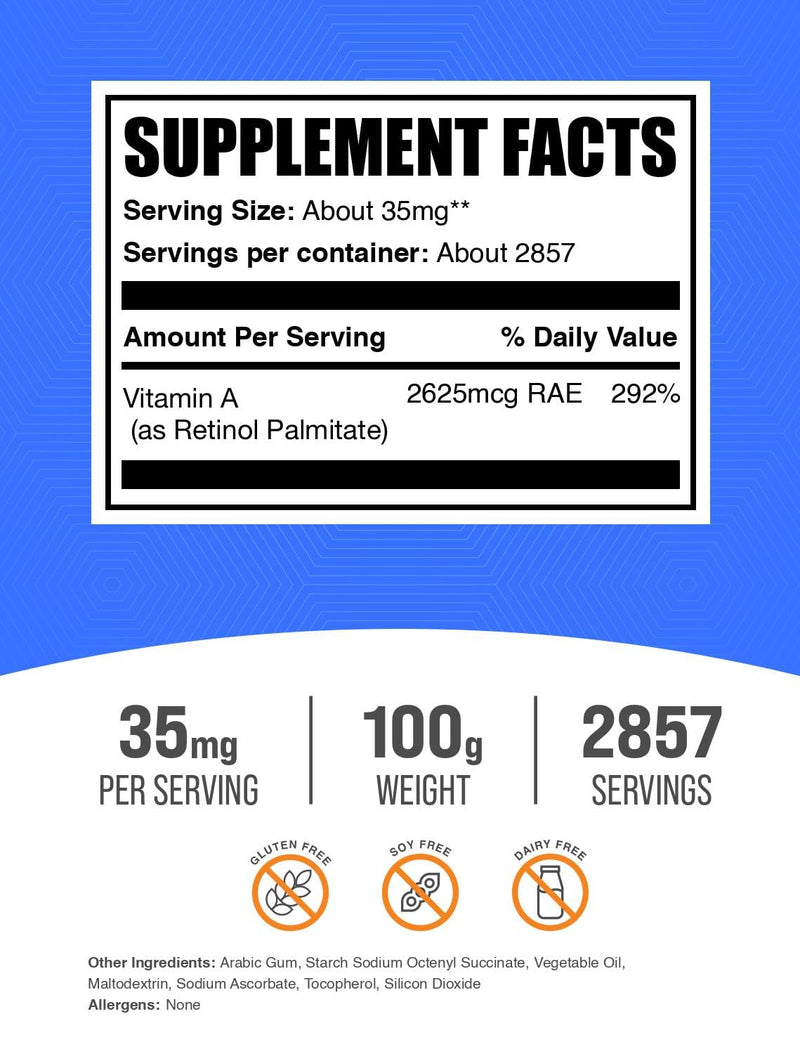 [Australia] - BulkSupplements.com Vitamin A Palmitate Powder - as Retinol Palmitate, Vitamin A Supplement for Immune & Eye Support - Gluten Free, 35mg per Serving, 100g (3.5 oz) (Pack of 1) 3.5 Ounce (Pack of 1) 